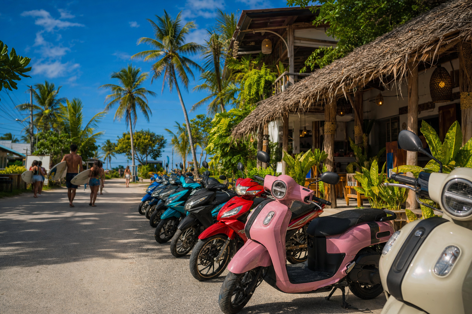 Motorbike hire lineup in General Luna Siargao featuring Honda and Yamaha scooters